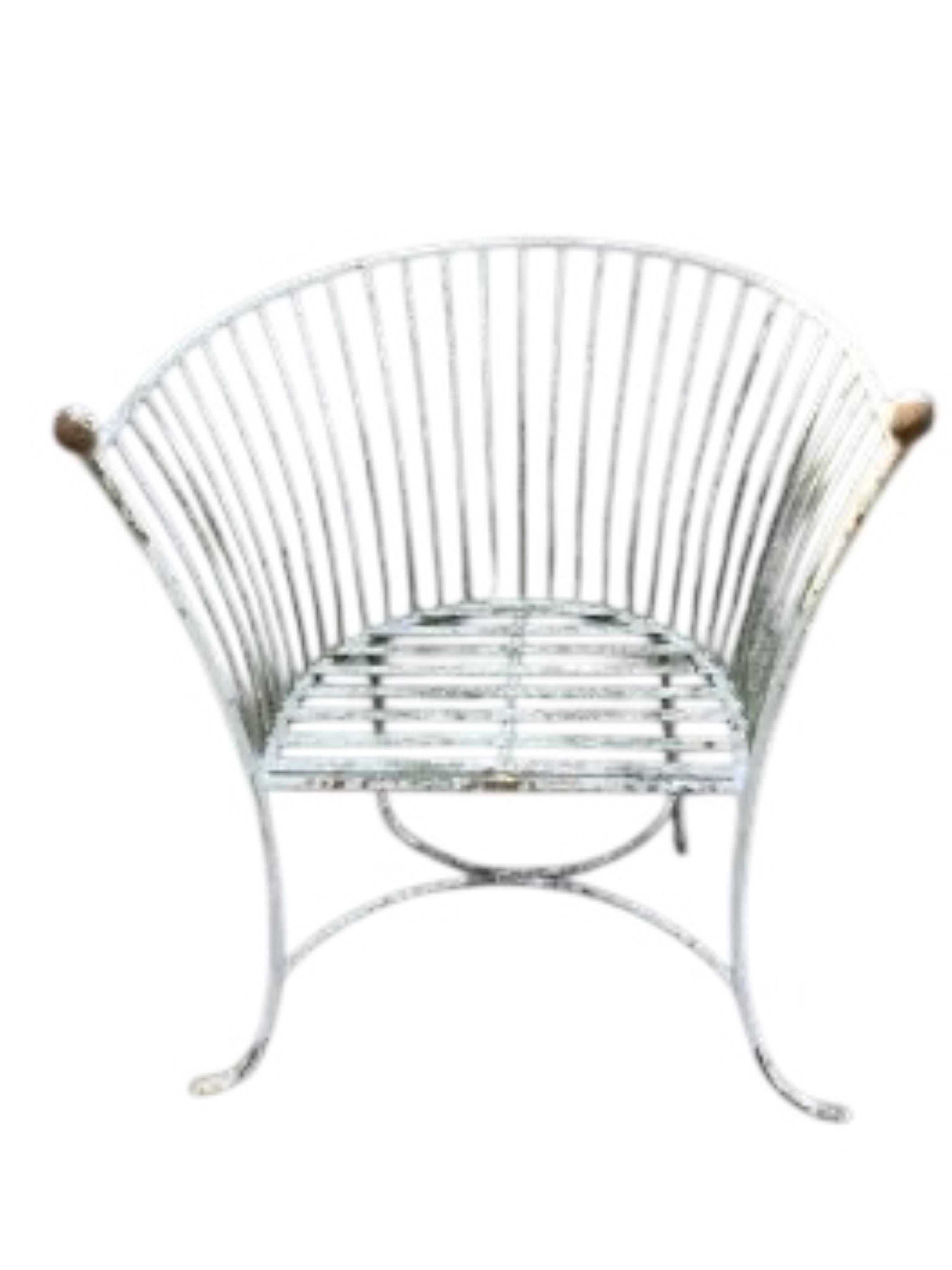 A painted wrought iron stick back garden bench, width 159cm, depth 55cm, height 91cm and a similar armchair
